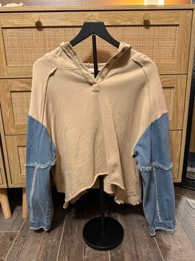 Ces Femme Tan Hoodie with Blue Denim Contrast Sleeves